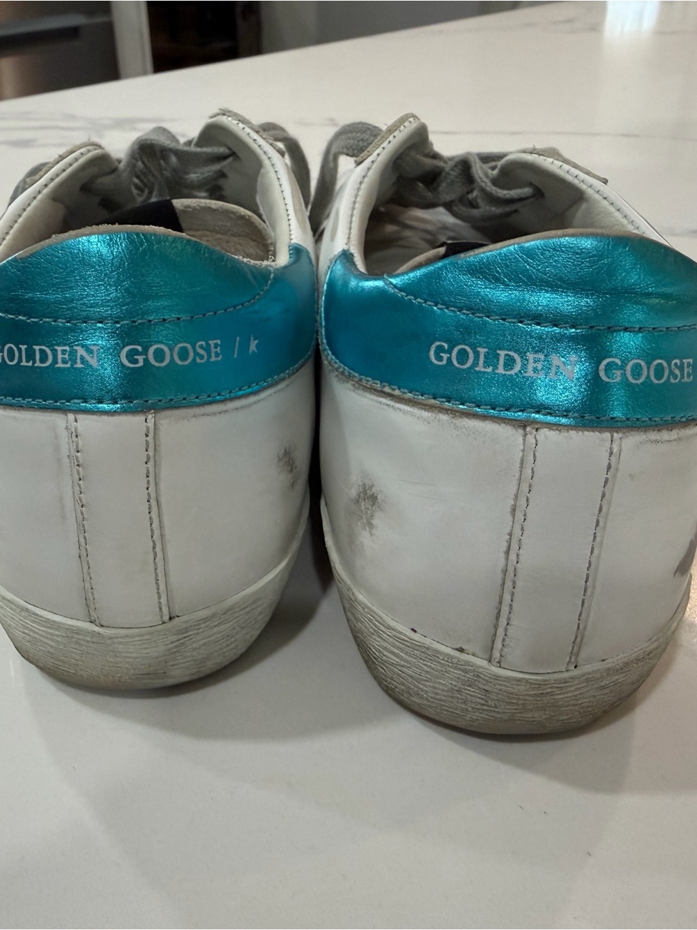 Golden Goose Deluxe Superstar Sneakers w/ Neon Yellow Star & Metallic Teal Heel - Picture 4 of 10